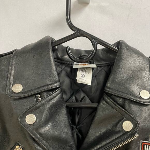 HARLEY DAVIDSON Child Motorcycle Leather Jacket Size 6 Black Zipper Pockets - Picture 2 of 12